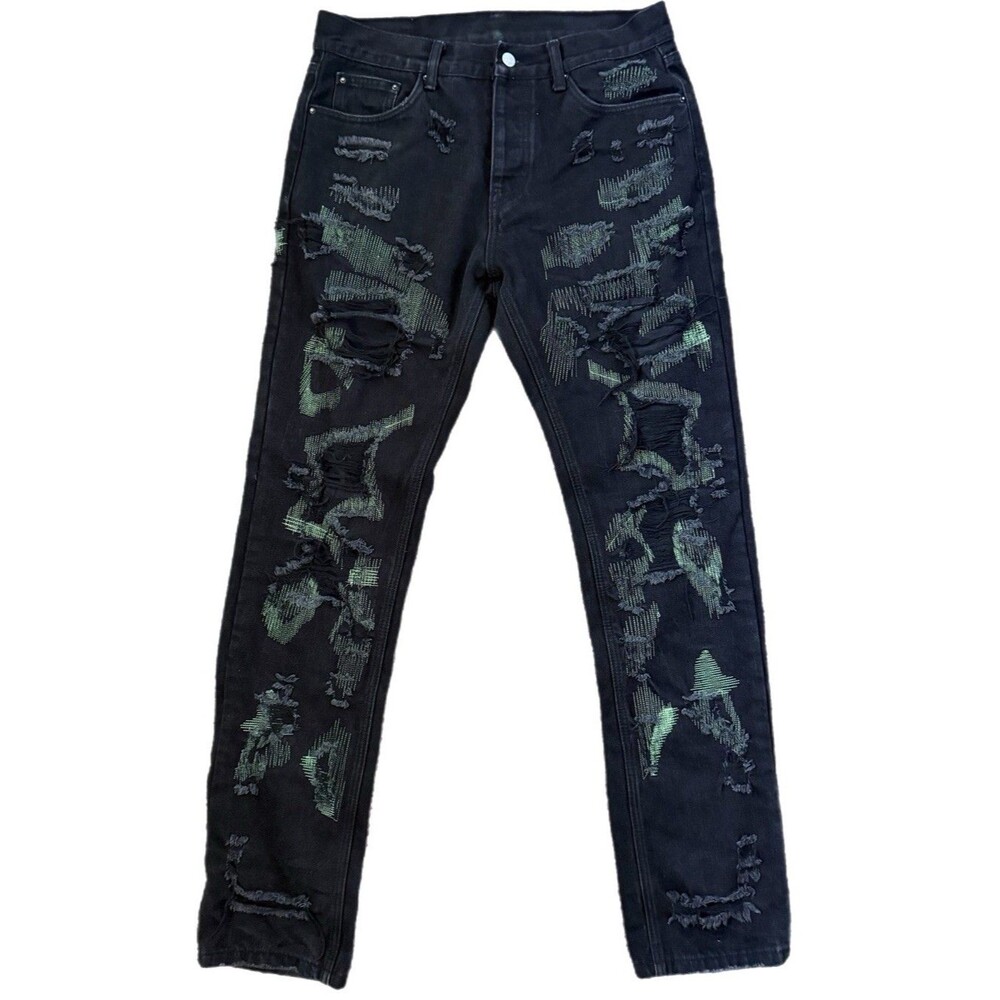 Mnml Black Green Thread Distressed Skinny Jeans Men’s Size 33